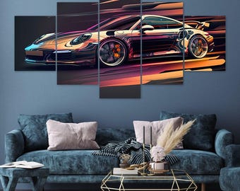 Porsche Turbo Abstract Speed Art 5 Piece Canvas Wall Art Framed Multi Panel Prints Modern Abstract Art Home Decor