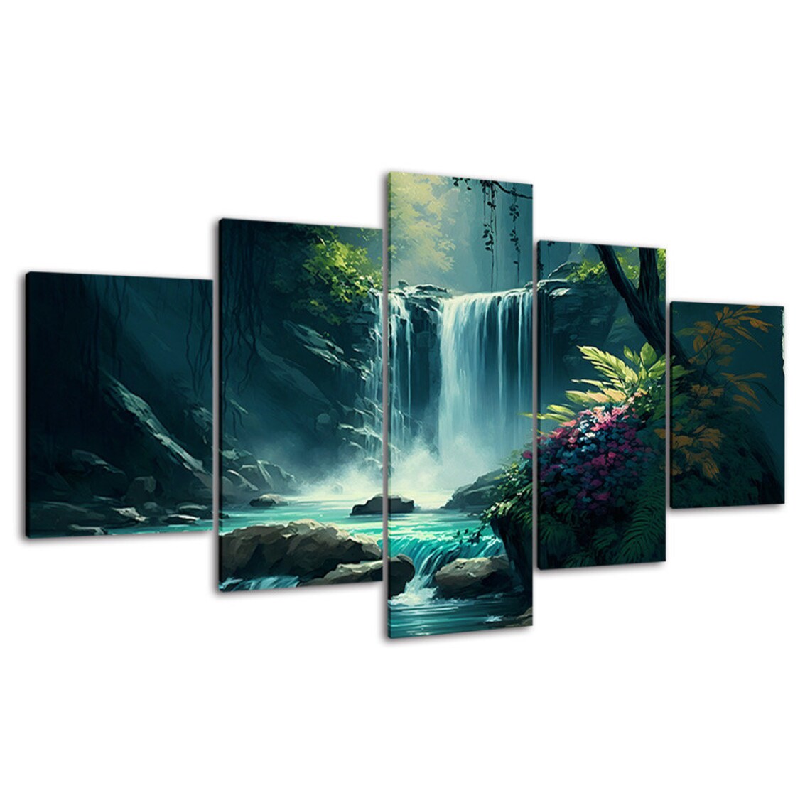 Wild Forest Waterfall 5 Piece Canvas Wall Art Framed Multi Panel Prints ...