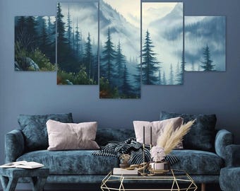 Misty Mountain Pine Forest Fog 5 Piece Canvas Wall Art Framed Multi Panel Prints Painting Style Art Home Decor