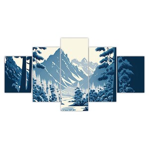 Forest Mountain Winter Landscape 5 Piece Canvas Wall Art Framed Multi ...