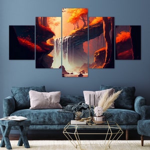 Fantasy Waterfall Orange Forest Colours 5 Piece Canvas Wall Art Framed ...