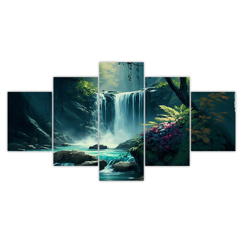 Wild Forest Waterfall 5 Piece Canvas Wall Art Framed Multi Panel Prints ...