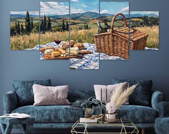 Tuscan Picnic Basket Wine Cheese Countryside Hills 5 Piece Canvas Wall Art Framed Multi Panel Prints Oil Painting Style Art Home Decor