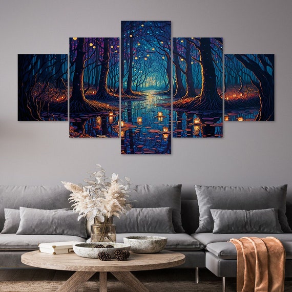 Fantasy Wall Art for Living Room Black Boats Paintings Vikings Pirate Ship Mystical Fantasy Forest 5 Piece Canvas Wall Art Framed Multi Panel