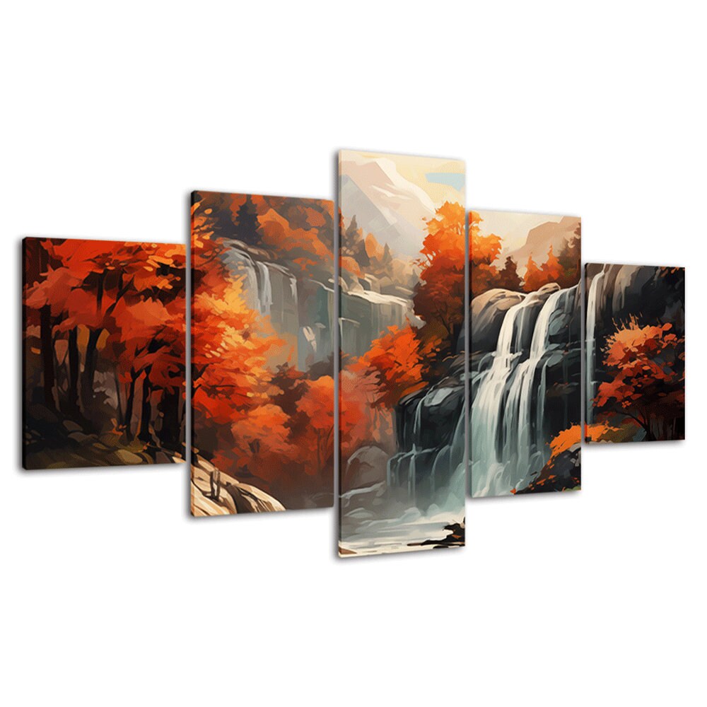 Waterfall Rocky Cliffs Autumn Nature Scenery 5 Piece Canvas Wall Art ...