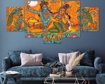 Krishna Radha Blue Peacocks Deer Fish Kerala Mural 5 Piece Canvas Wall Art Framed Multi Panel Prints Painting Style Art Home Decor
