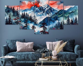 Snowy Alpine Peaks Red Clouds Pine Forest 5 Piece Canvas Wall Art Framed Multi Panel Prints Watercolor Painting Style Art Home Decor