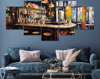 Whiskey Bar Counter Bottles Pendant Lamps Stools 5 Piece Canvas Wall Art Framed Multi Panel Prints Oil Painting Style Art Home Decor