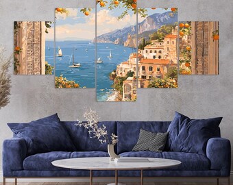 Amalfi Coast Village Sailboats Orange Trees Cliffs 5 Piece Canvas Wall Art Framed Multi Panel Prints Oil Painting Style Art Home Decor