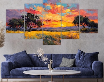 Golden Sunset Oak Trees Rolling Hills Grassy Field 5 Piece Canvas Wall Art Framed Multi Panel Prints Palette Knife Style Art Home Decor
