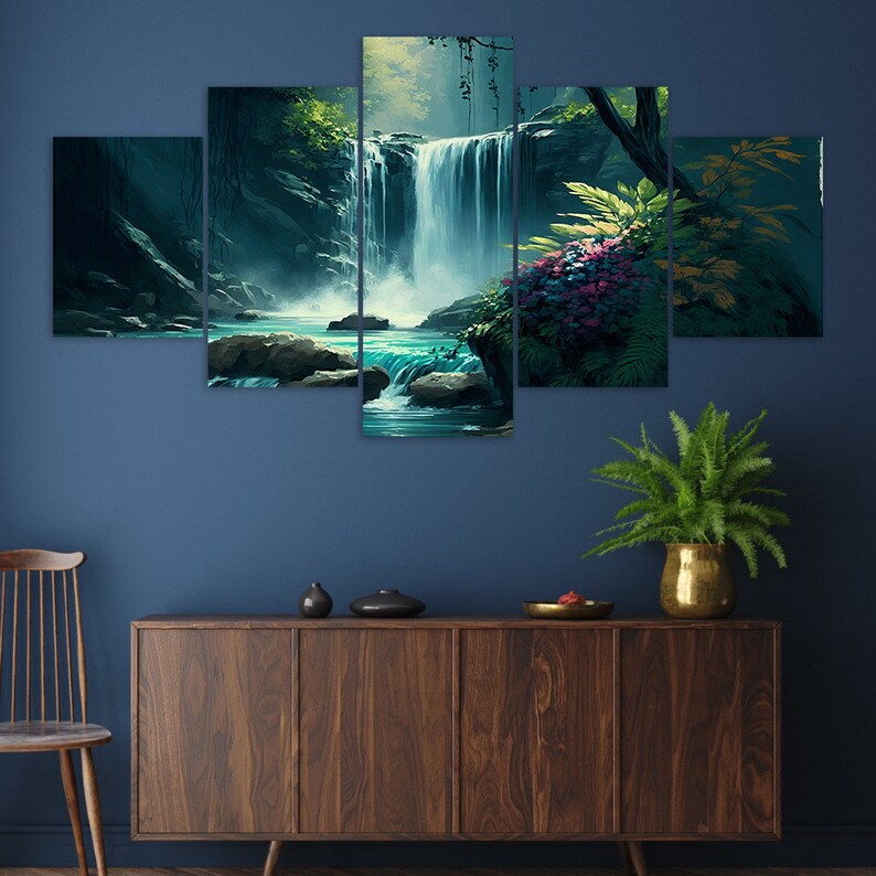 Wild Forest Waterfall 5 Piece Canvas Wall Art Framed Multi Panel Prints ...