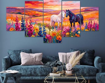 Two Horses Sunset Wildflowers Fiery Orange Sky 5 Piece Canvas Wall Art Framed Multi Panel Prints Oil Painting Style Art Home Decor