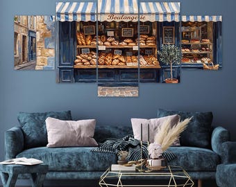 Parisian Bakery Storefront Striped Awning Fresh Bread 5 Piece Canvas Wall Art Framed Multi Panel Prints Oil Painting Style Art Home Decor