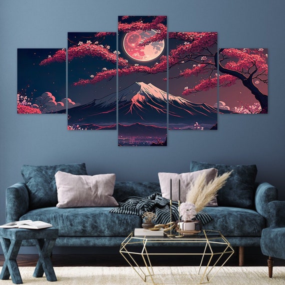Mount Fuji Full Moon Cherry Blossoms Scenery 5 Piece Canvas Wall