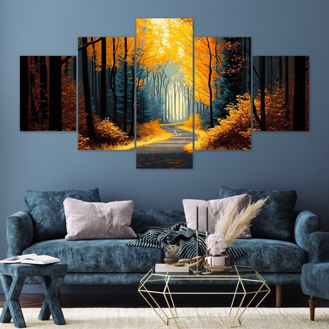 Autumn Forest Pathway Yellow Trees 5 Piece Canvas Wall Art Framed Multi ...