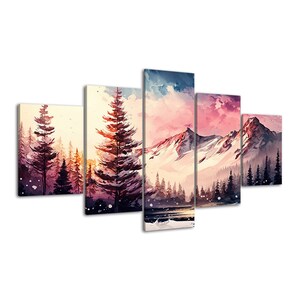 Winter Mountains Pine Trees Pink Landscape 5 Piece Canvas Wall Art ...