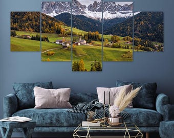 Dolomites Village Autumn Larches Snowy Peaks 5 Piece Canvas Wall Art Framed Multi Panel Prints Photography Style Art Home Decor