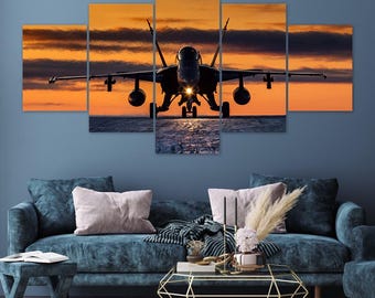 Fighter Jet Landing Dusk Orange Clouds Runway Lights 5 Piece Canvas Wall Art Framed Multi Panel Prints Photography Style Art Home Decor