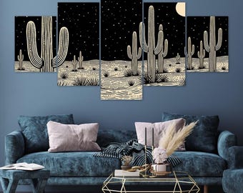 Black Night Desert Cacti Stars Moon Line Art 5 Piece Canvas Wall Art Framed Multi Panel Prints Painting Style Art Home Decor