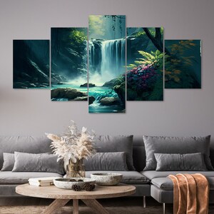 Wild Forest Waterfall 5 Piece Canvas Wall Art Framed Multi Panel Prints ...