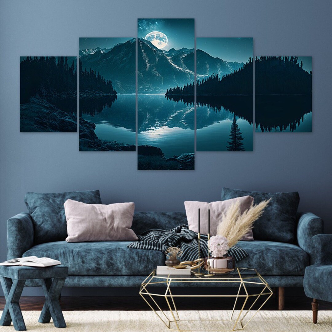 Full Moon Mountain Forest Lake 5 Piece Canvas Wall Art Framed Multi ...