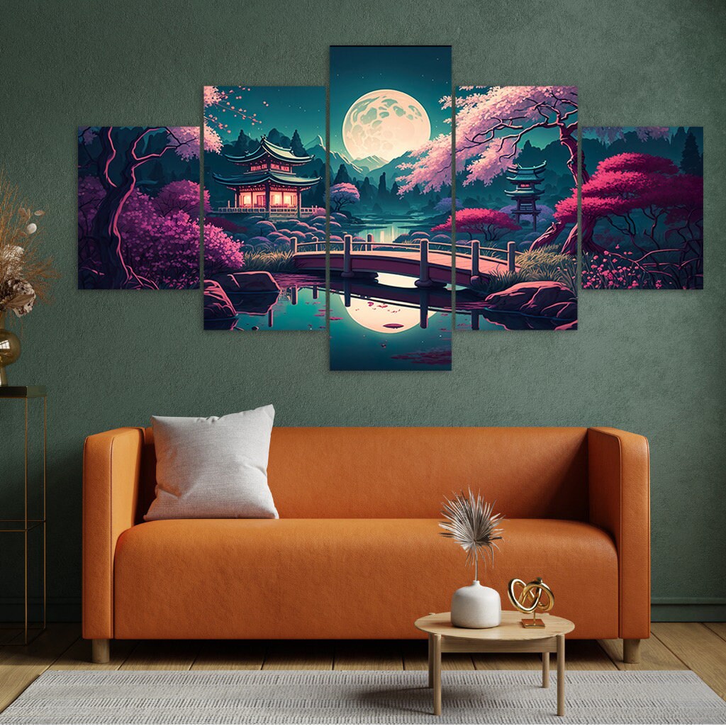 Japanese Cherry Blossom Canvas Wall Art, Full Moon Multi Panel