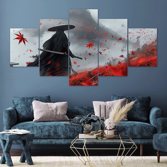 美品◎RED WARRIORS 20th Anniversary Box Samurai Canvas Wall Art: Misty Mountain Red Leaves, 5 Panel Print