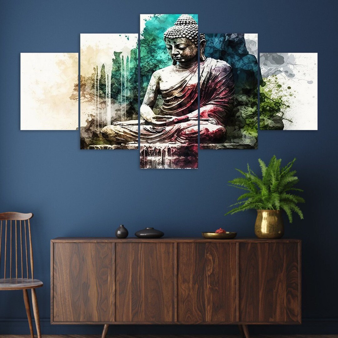 Beautiful Watercolour Buddha 5 Piece Canvas Wall Art Framed Multi Panel ...