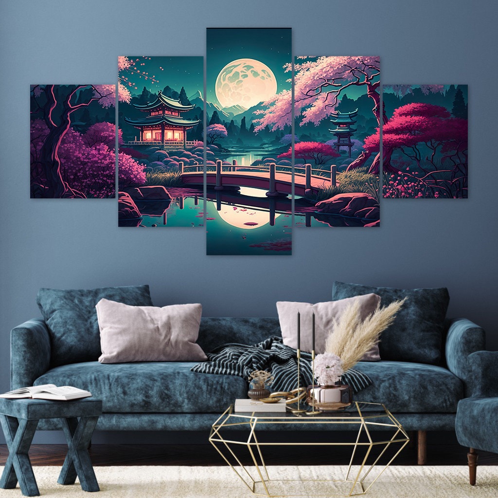 Japanese Garden Cherry Blossoms Full Moon 5 Piece Canvas Wall Art