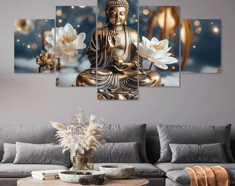Golden Buddha Statue Lotus Floral Zen 5 Piece Canvas Wall Art Framed Multi Panel Prints Painting Style Art Home Decor