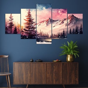 Winter Mountains Pine Trees Pink Landscape 5 Piece Canvas Wall Art ...
