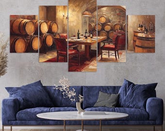 Wine Cellar Oak Barrels Candlelit Dining Table 5 Piece Canvas Wall Art Framed Multi Panel Prints Oil Painting Style Art Home Decor