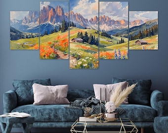 Alpine Meadow Wildflowers Dolomites Mountains Cabin 5 Piece Canvas Wall Art Framed Multi Panel Prints Watercolor Style Art Home Decor