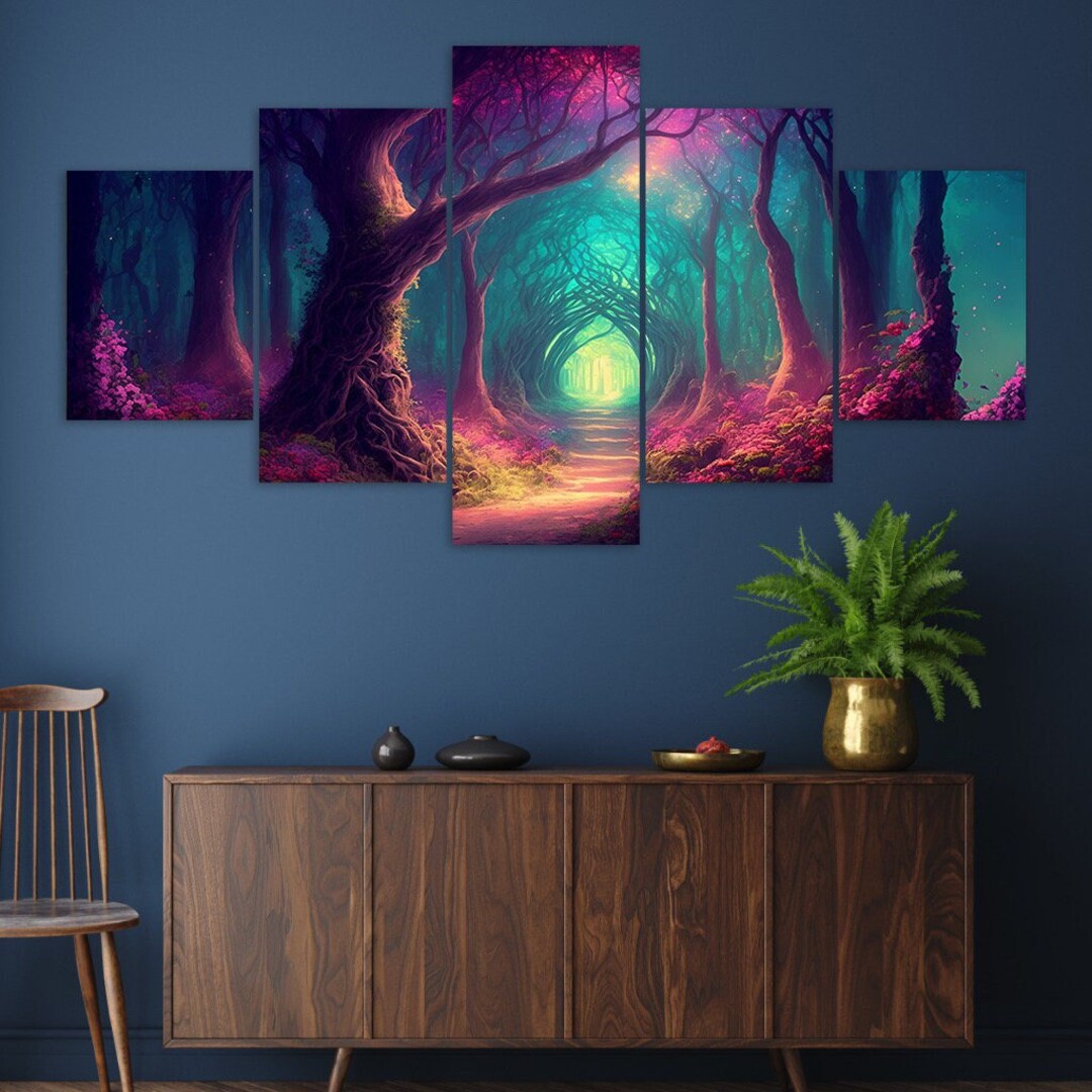 Purple Fantasy Forest Pathway 5 Piece Canvas Wall Art Framed Multi ...