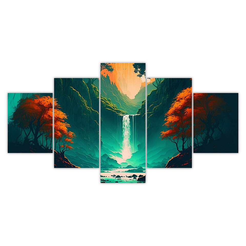Fantasy Waterfall Forest Canvas Wall Art, 5 Panel Modern Print - Etsy