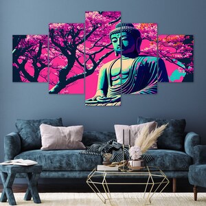 Cherry Blossom Buddha Statue 5 Piece Canvas Wall Art Framed Multi Panel ...