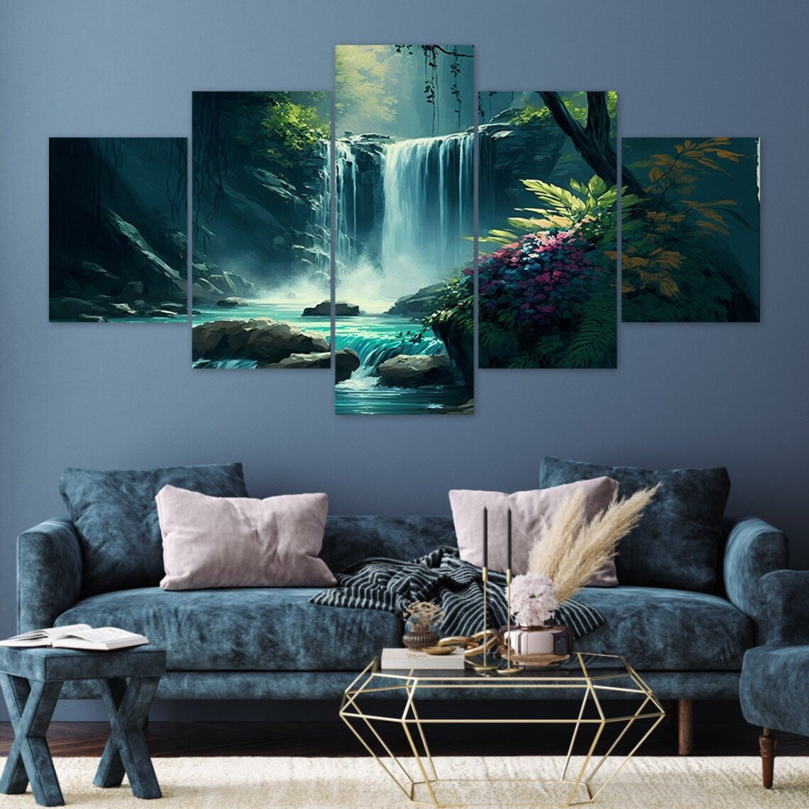Wild Forest Waterfall 5 Piece Canvas Wall Art Framed Multi Panel Prints ...