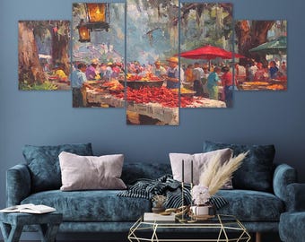 Red Chili Peppers Market Stall Umbrella Lanterns 5 Piece Canvas Wall Art Framed Multi Panel Prints Painting Style Art Home Decor