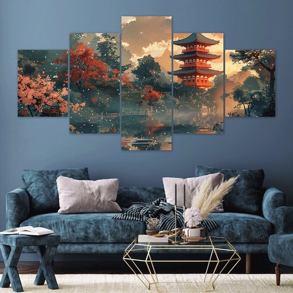 Traditional Japanese Garden 5 Piece Canvas Wall Art Framed Multi