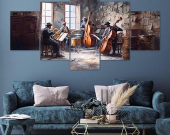 Jazz Trio Sunlit Studio Cello Drums Grand Piano 5 Piece Canvas Wall Art Framed Multi Panel Prints Oil Painting Style Art Home Decor