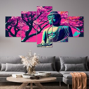 Cherry Blossom Buddha Statue 5 Piece Canvas Wall Art Framed Multi Panel ...