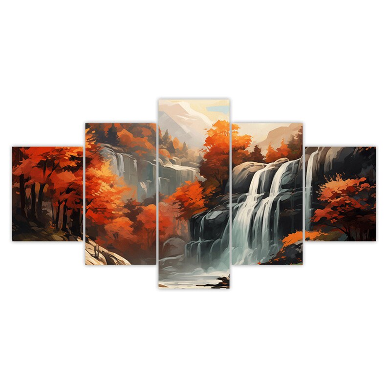 Waterfall Rocky Cliffs Autumn Nature Scenery 5 Piece Canvas Wall Art ...