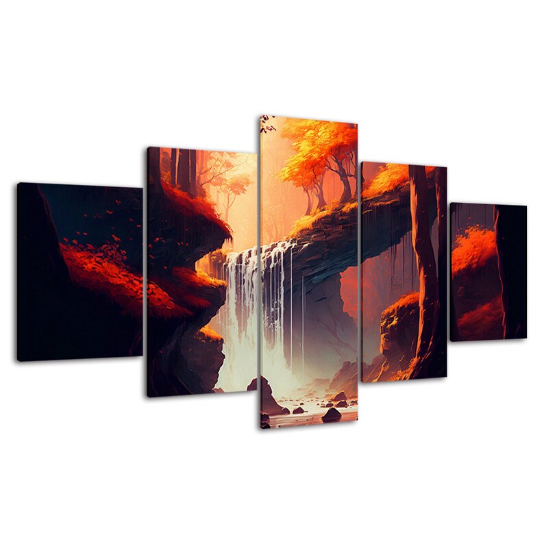 Fantasy Waterfall Orange Forest Colours 5 Piece Canvas Wall Art Framed ...
