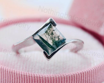 Moss Agate Ring: Rose Gold Art Deco Engagement Ring, Sterling Silver