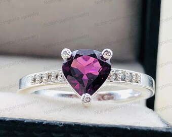 Unique Heart Shaped Rhodolite Ring, 925 Sterling Silver Ring, Delicate Silver Ring, Promise Ring, Cluster Ring, Anniversary Gift For Womens