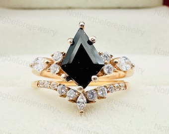 Vintage Kite Black Onyx Ring Set: Sterling Silver Wedding Engagement