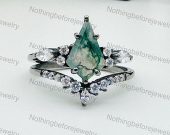 Kite Cut Moss Agate Engagement Ring Set: Rose Gold CZ Bridal Ring