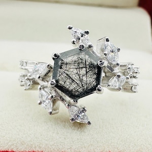 Schwarzer Rutilquarz Ring: Hexagon Edelstein, Sterling Silber, CZ Akzente