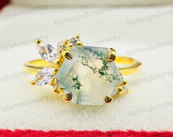 Hexagon cut moss agate ring vintage green moss agate engagement ring rose gold unique cluster engagement ring diamond wedding ring for women