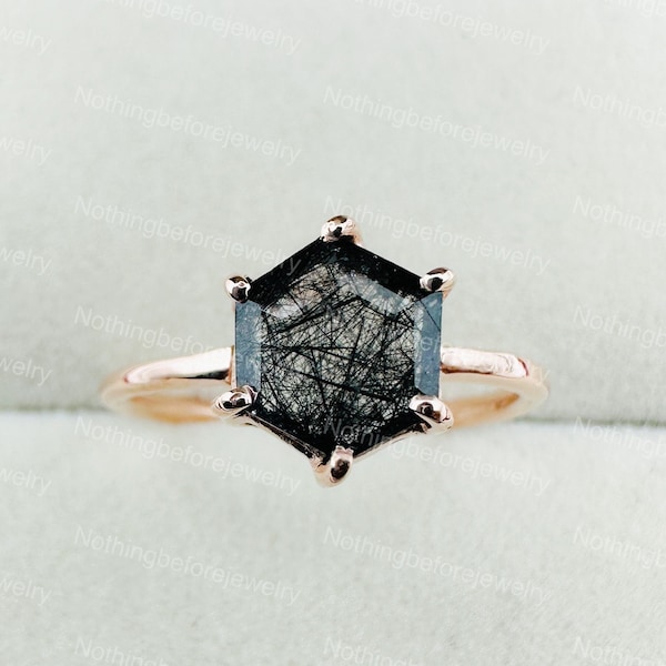 Hexagon Cut Black Rutilated Quartz Ring, Salt And Pepper Diamond Ring, Rutile Tourmalinated Quartz Solitaire Ring, Anniversary Gift For Her